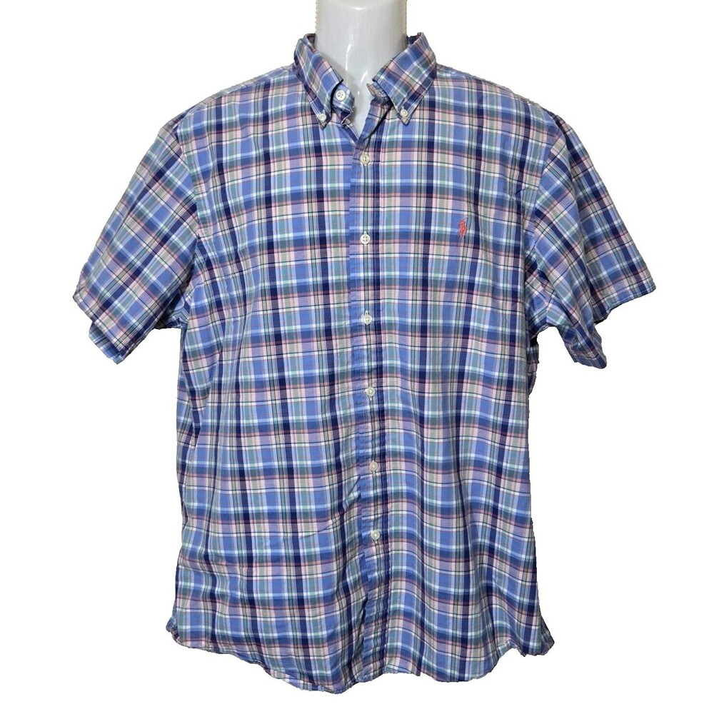 Ralph Lauren Shirt Mens Large Blue Plaid Pink Pony Logo Button Up Short Sleeve